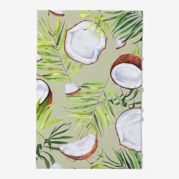 Полотенце «Кокосы и листья на оливковом. Тропический паттерн»