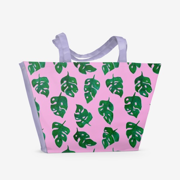 Пляжная сумка «Листики монстеры на розовом фоне Растительный принт Ботаника»