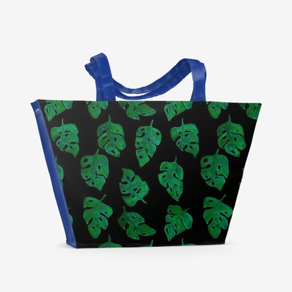 Пляжная сумка «Листики монстеры на черном фоне Растительный принт Ботаника»