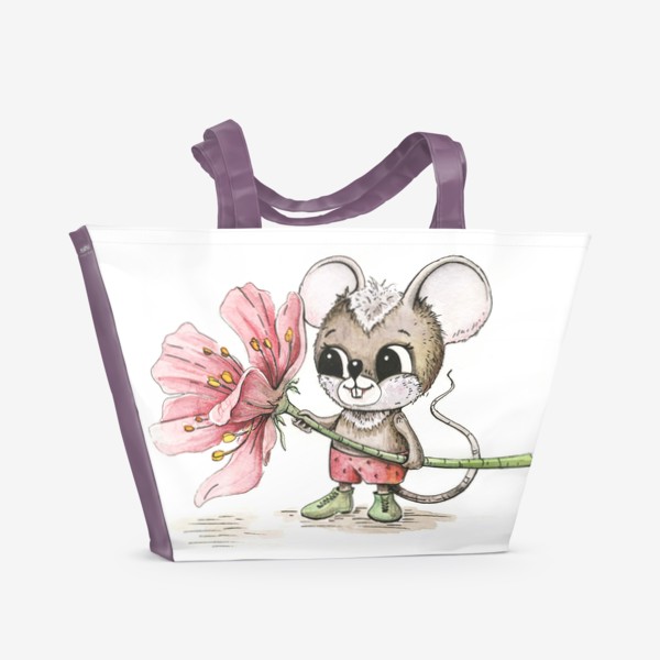 Пляжная сумка «Мышонок с розовым цветком»
