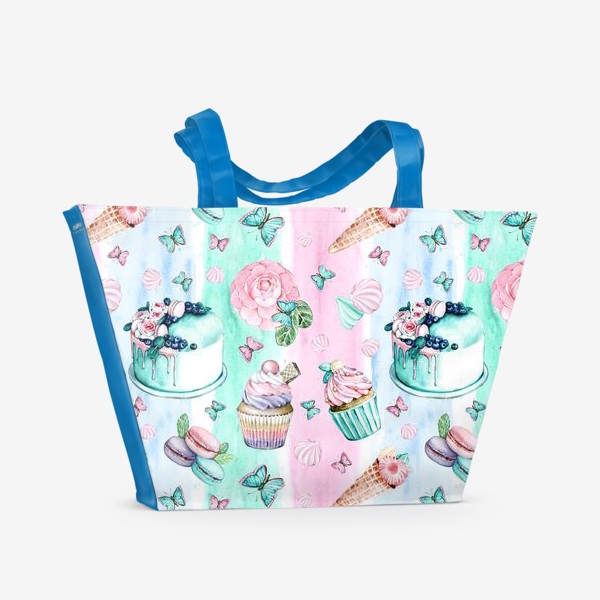 Пляжная сумка «Сладости и бабочки на акварельном фоне»