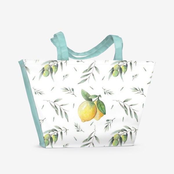 Пляжная сумка «Лимон и оливковая ветвь на белом фоне»