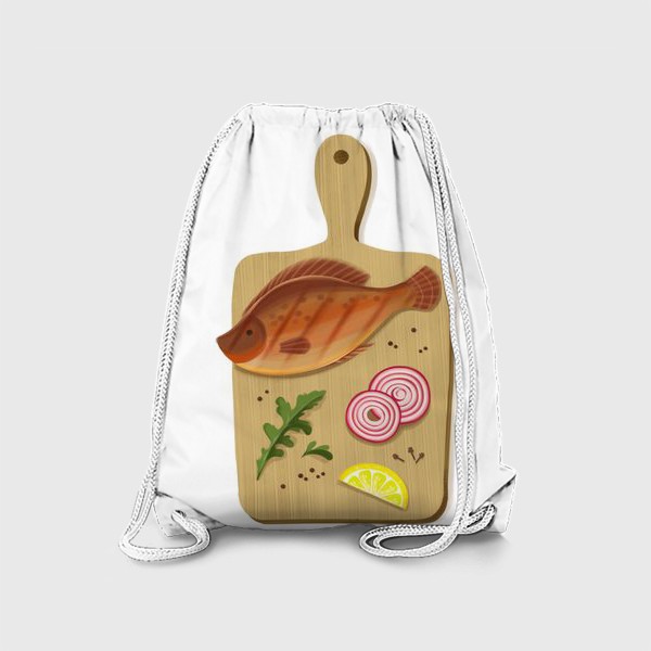 Рюкзак «Кухонный натюрморт - рыба, лук и лимон на деревянной доске»