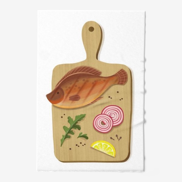 Полотенце «Кухонный натюрморт - рыба, лук и лимон на деревянной доске»