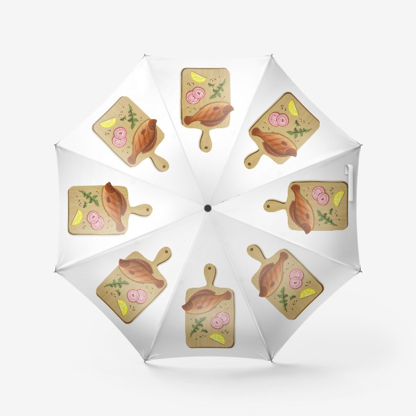 Зонт «Кухонный натюрморт - рыба, лук и лимон на деревянной доске»