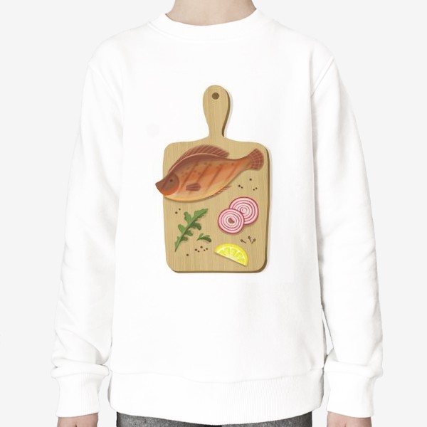 Свитшот «Кухонный натюрморт - рыба, лук и лимон на деревянной доске»