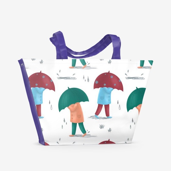 Пляжная сумка «осенний паттерн. зонтики. дождь. листья. осень. 1 сентября. снова в школу. человек в пальто»
