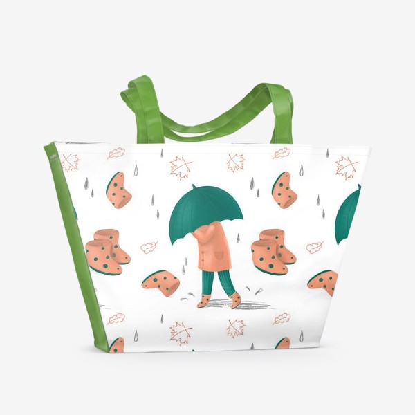 Пляжная сумка «Осень. Листопад. Дождь. зонт и резиновые сапоги. Человек. Паттерн. »