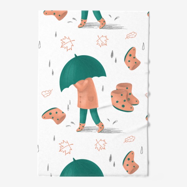 Полотенце «Осень. Листопад. Дождь. зонт и резиновые сапоги. Человек. Паттерн. »