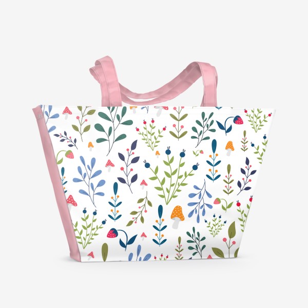 Пляжная сумка «Летний растительный узор с клубникой и мухоморами»