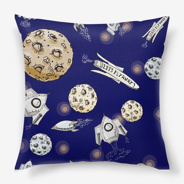 Подушка «Мультяшный космос с ракетами и лунами»
