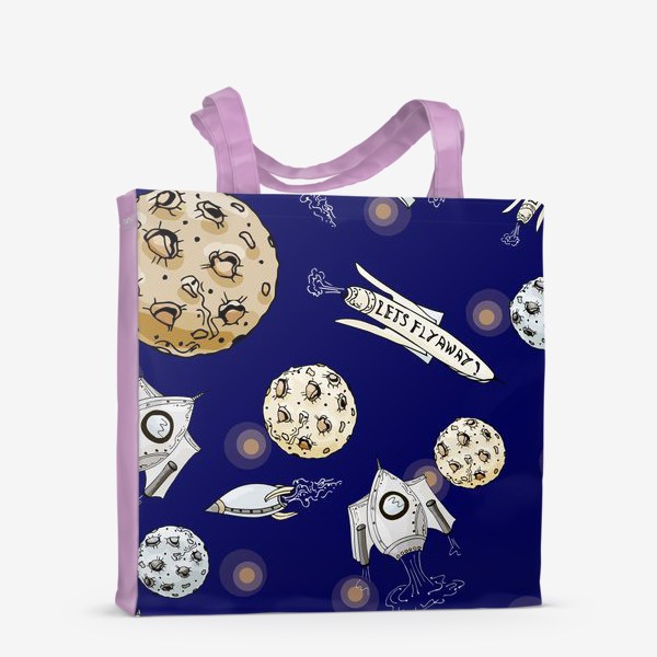 Сумка-шоппер «Мультяшный космос с ракетами и лунами»