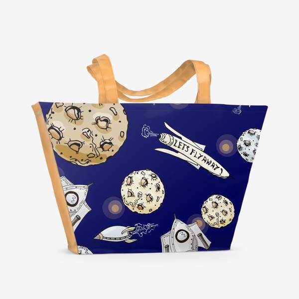 Пляжная сумка «Мультяшный космос с ракетами и лунами»