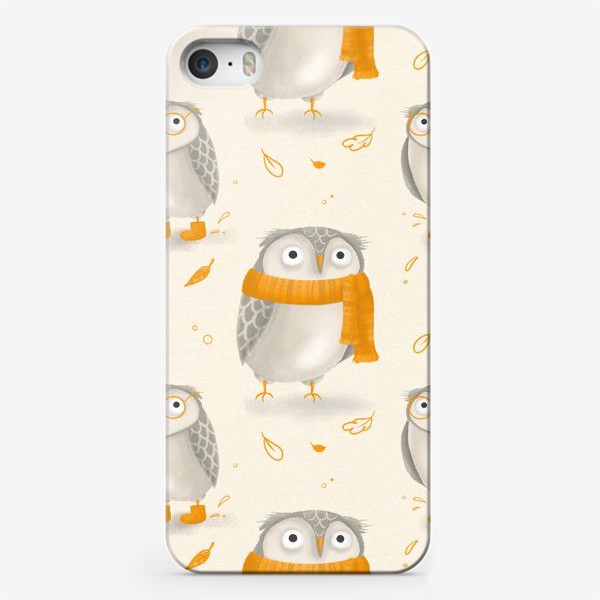 Чехол iPhone «Совы, совушки, птицы. Осенний принт. Осень. Подарок для любителей сов. Детская иллюстрация. Теплый оранжевый шарф»
