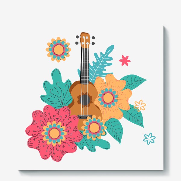 Холст «Укулеле, четырехструнная гавайская гитара в цветах»