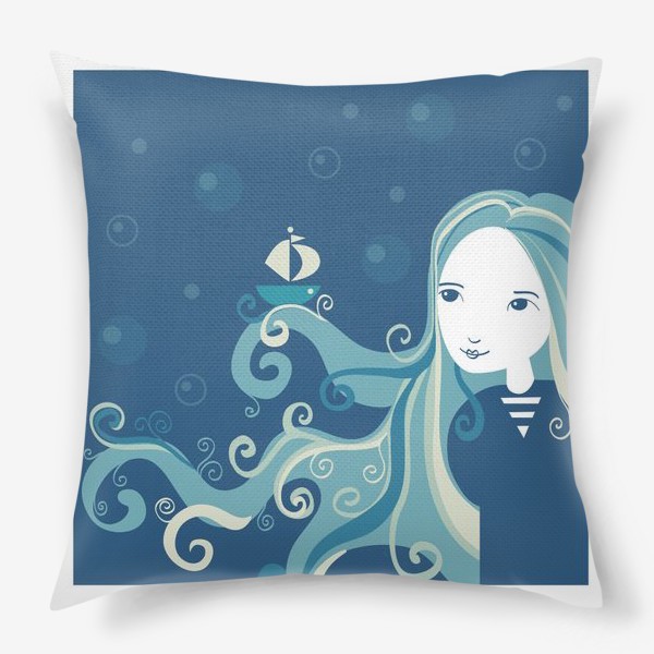 Подушка «Морская волна. Девушка в тельняшке.Одинокий кораблик.»