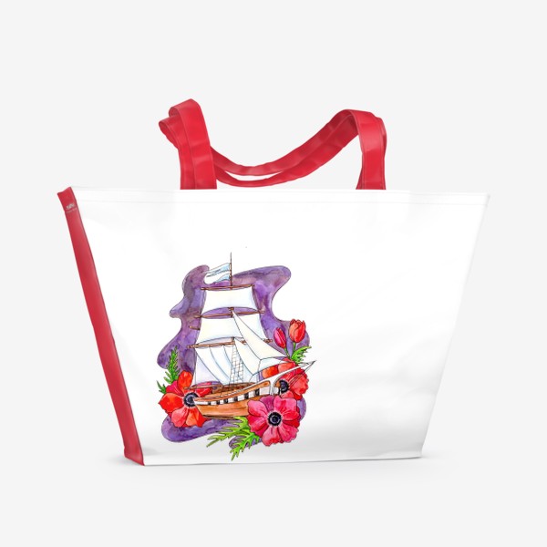Пляжная сумка «Парусник в цветах - красные анемоны»