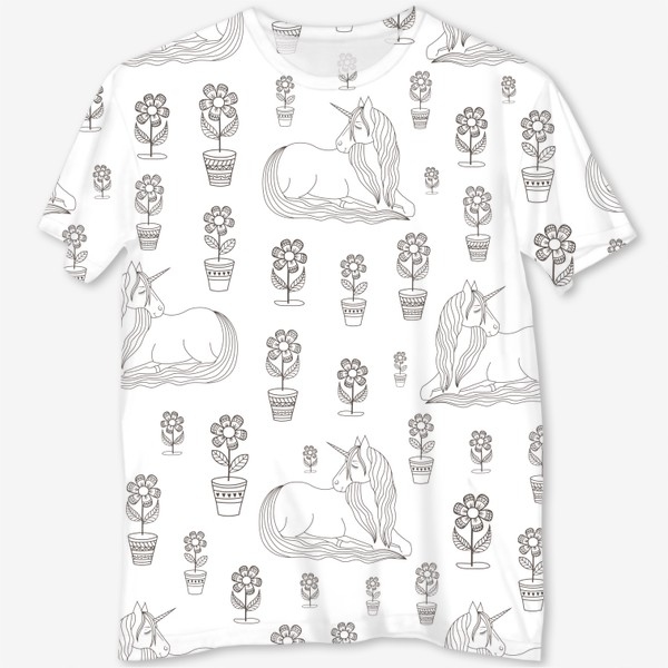 Футболка с полной запечаткой «cute pattern with sleeping unicorns and flowers»