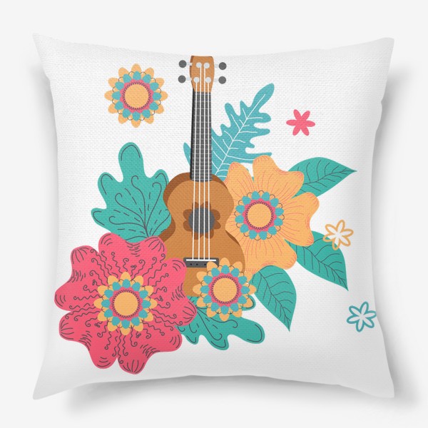 Подушка «Укулеле, четырехструнная гавайская гитара в цветах»