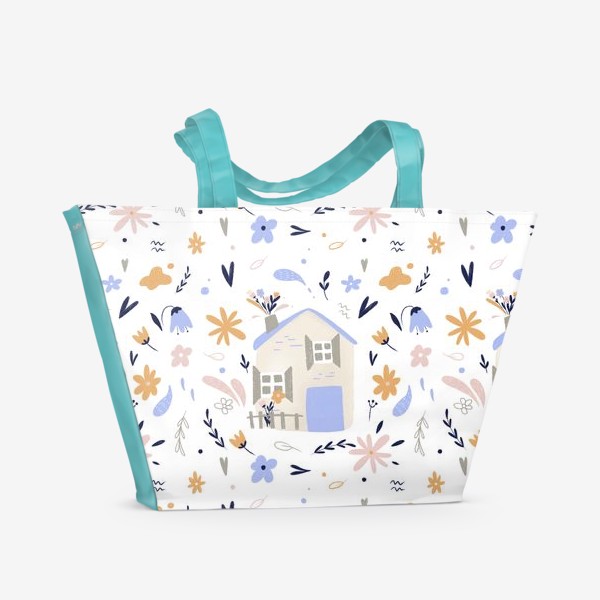 Пляжная сумка «Цветы, дача, лето, домики, милый детский паттерн. Для ребенка, для девушки. Нежные пастельные цвета, голубой, розовый»