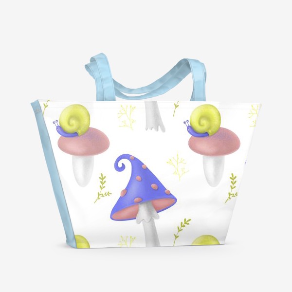 Пляжная сумка «Милый детский принт. Лес, улитки, дача, мухоморы. Для ребенка. Яркий паттерн. Осень, лето»