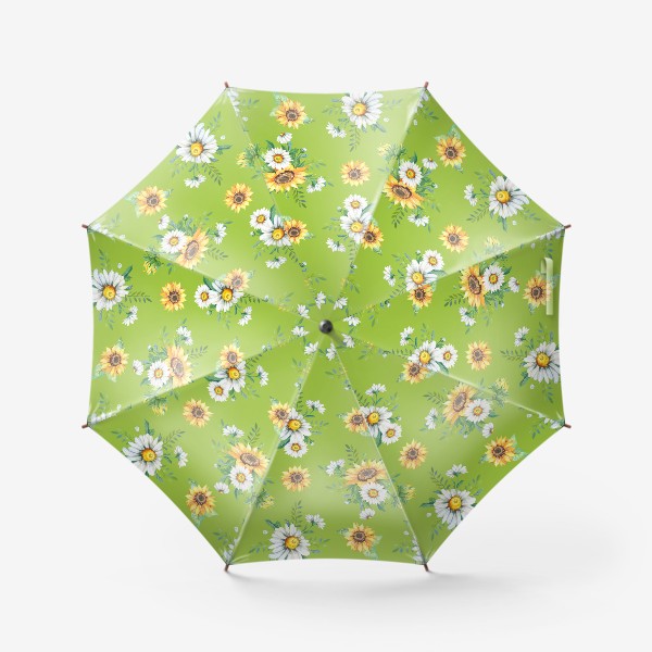 Зонт «Салатовый принт с подсолнухами и ромашками»