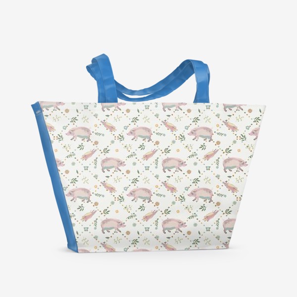 Пляжная сумка «Паттерн с разноцветными поросятами и цветами»