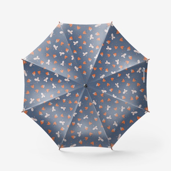 Зонт «Яркий паттерн с клубникой и сердцами на синем фоне»