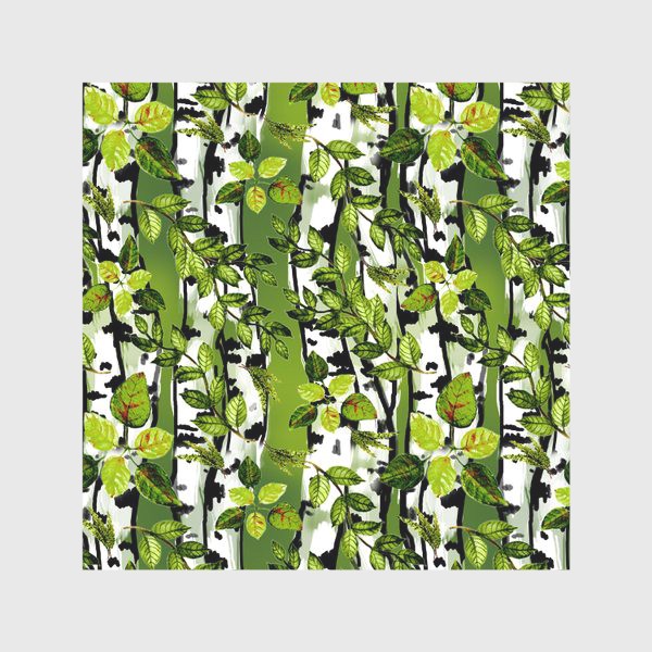 Скатерть «Березы и акварельные листья на зеленом фоне»