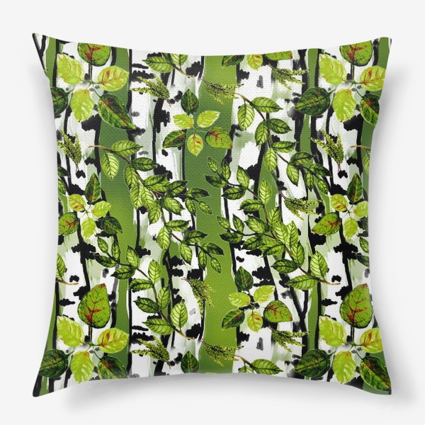 Подушка «Березы и акварельные листья на зеленом фоне»