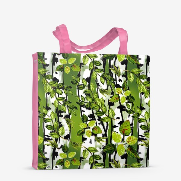 Сумка-шоппер «Березы и акварельные листья на зеленом фоне»