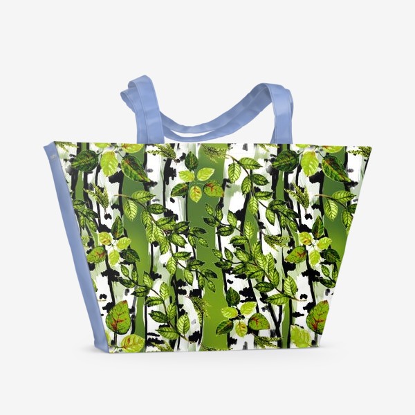 Пляжная сумка &laquo;Березы и акварельные листья на зеленом фоне&raquo;