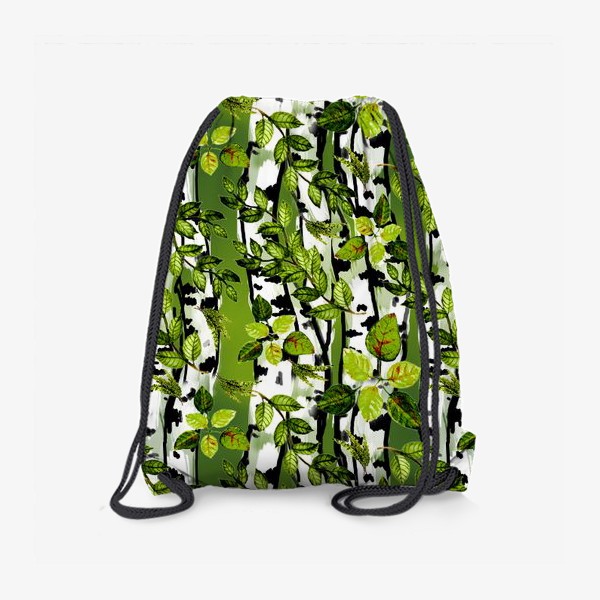 Рюкзак «Березы и акварельные листья на зеленом фоне»
