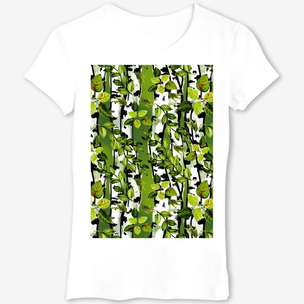Футболка «Березы и акварельные листья на зеленом фоне»