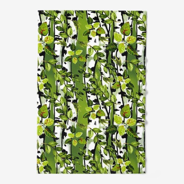 Полотенце «Березы и акварельные листья на зеленом фоне»