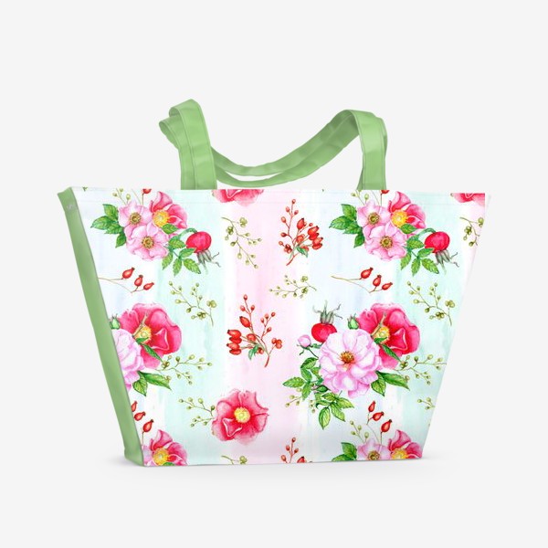 Пляжная сумка «Цветы и плоды шиповника на акварельном фоне»