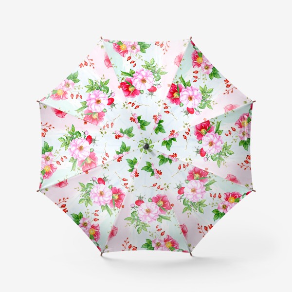 Зонт «Цветы и плоды шиповника на акварельном фоне»