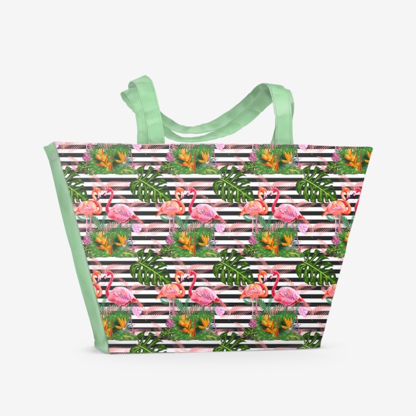 Пляжная сумка «Розовые фламинго, тропический полосатый паттерн»