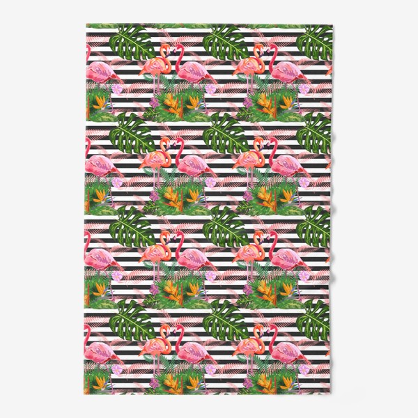 Полотенце «Розовые фламинго, тропический полосатый паттерн»