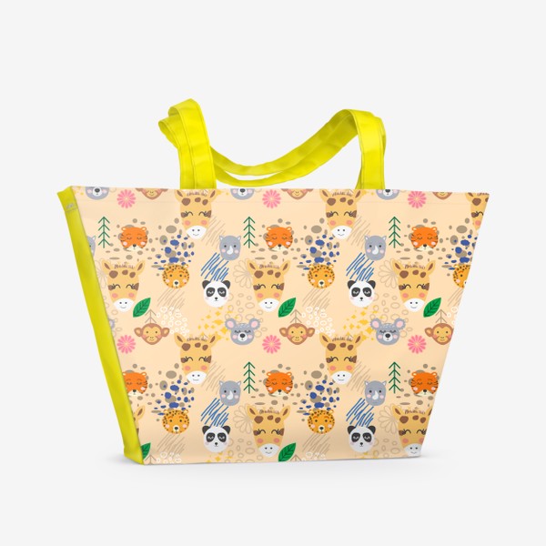 Пляжная сумка «Узор с милыми мордочками тропических животных: жираф, тигр, леопард, коала, панда, обезьянка, носорог»