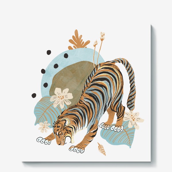 Холст «Тигр с цветными пятнами и растениями»