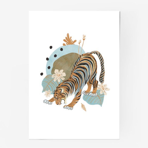 Постер «Тигр с цветными пятнами и растениями»