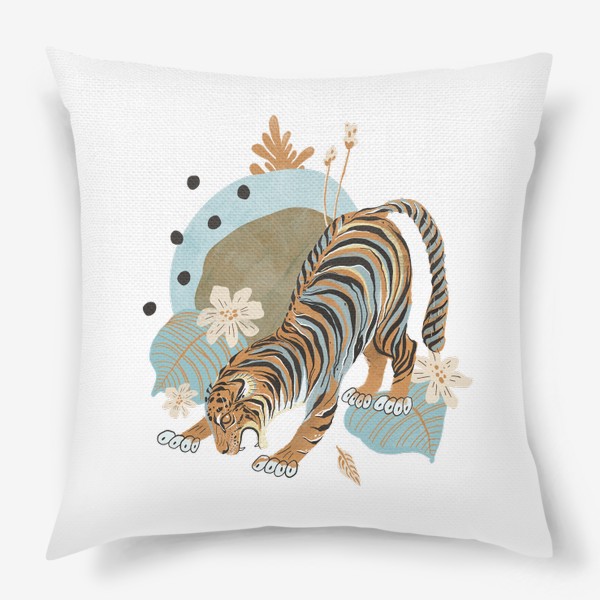 Подушка «Тигр с цветными пятнами и растениями»