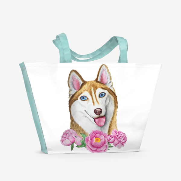 Пляжная сумка «Собака хаски и пионы»