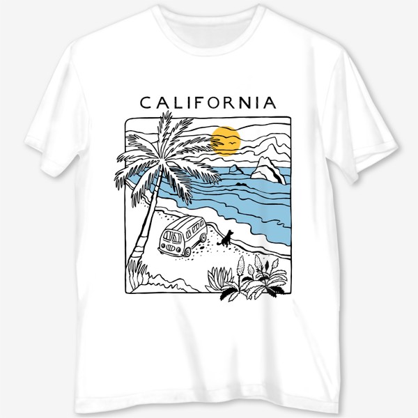 Футболка с полной запечаткой «Калифорния. California. Берег моря. Любителю моря и водных видов спорта»