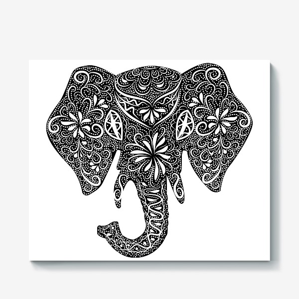 Холст «Силуэт слона с индийским узором, черно-белый »