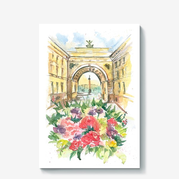 Холст «Лето в Питере! Букет цветов, вид на дворцовую площадь»