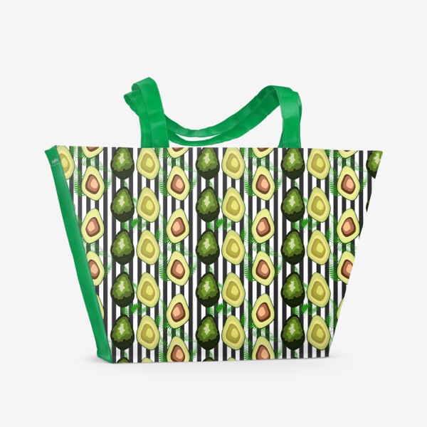 Пляжная сумка «Авокадо паттерн. Кусочки фрукта на фоне черно-белых вертикальных полос и пальм»