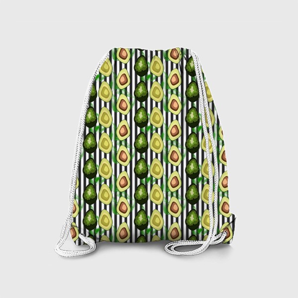 Рюкзак «Авокадо паттерн. Кусочки фрукта на фоне черно-белых вертикальных полос и пальм»