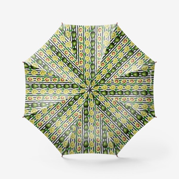 Зонт «Авокадо паттерн. Кусочки фрукта на фоне черно-белых вертикальных полос и пальм»